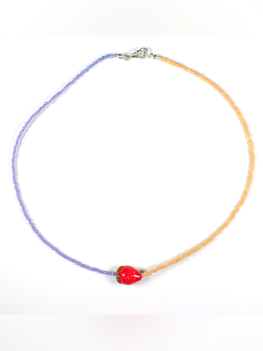 Two-Tone Purple & Peach Beaded Necklace with Red Strawberry Pendant